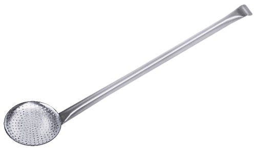 Schaumlöffel aus Edelstahl 18/10, seidenglänzend poliert, flache Form, mit angesetztem Stiel (Rohr-Ø 34 mm), mit 3,5 mm