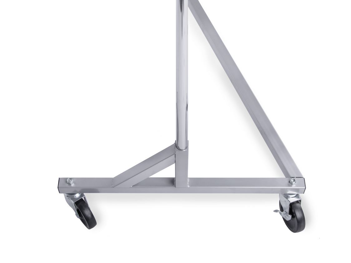 Industrie-Rollständer in Z-Form mit grauem Fuß, aus stabilem runden Stahlrohr. Maß: 185 cm x 160 cm x 61 cm (HxxBxT)