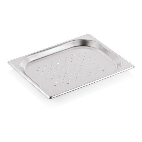 GN 1/2 Behälter, Bodenlochung. Materialstärke 0,7 mm. Material: Chromnickelstahl 18/8. Serie: GN 91. Inhalt in Litern: 1,25. Maße: Höhe: 20 mm