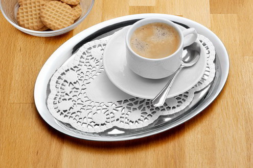 Tablettdeckchen oval, Dekor Rose, 18x26 cm, weiß, Paket à 250 Stück, 1-lagiges Papier, Rand gestanzt