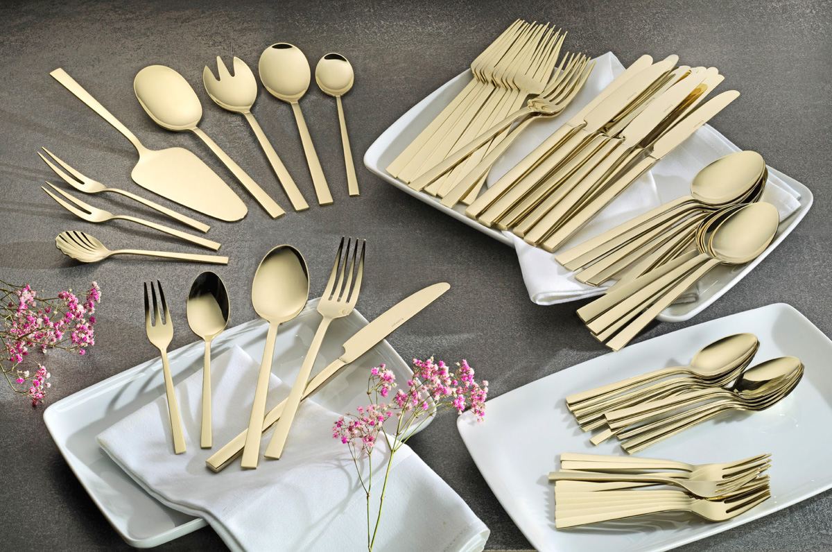 68-teiliges Besteck MELINA, Edelstahl, mit PVD-Beschichtung in der Farbe champagner