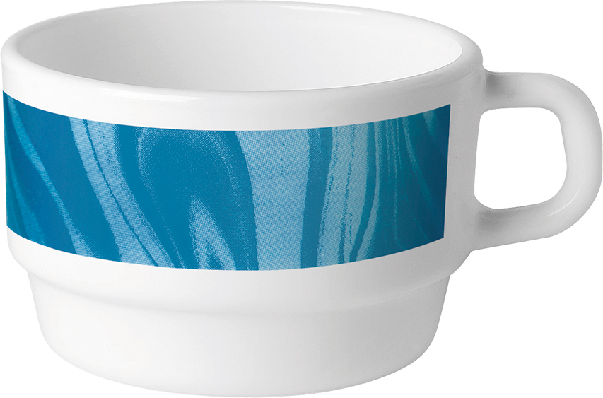 Kaffeetasse NATURA mit blauem Muster. Inhalt ca. 0,22 Liter, aus Opalglas, Von Bormioli Rocco.