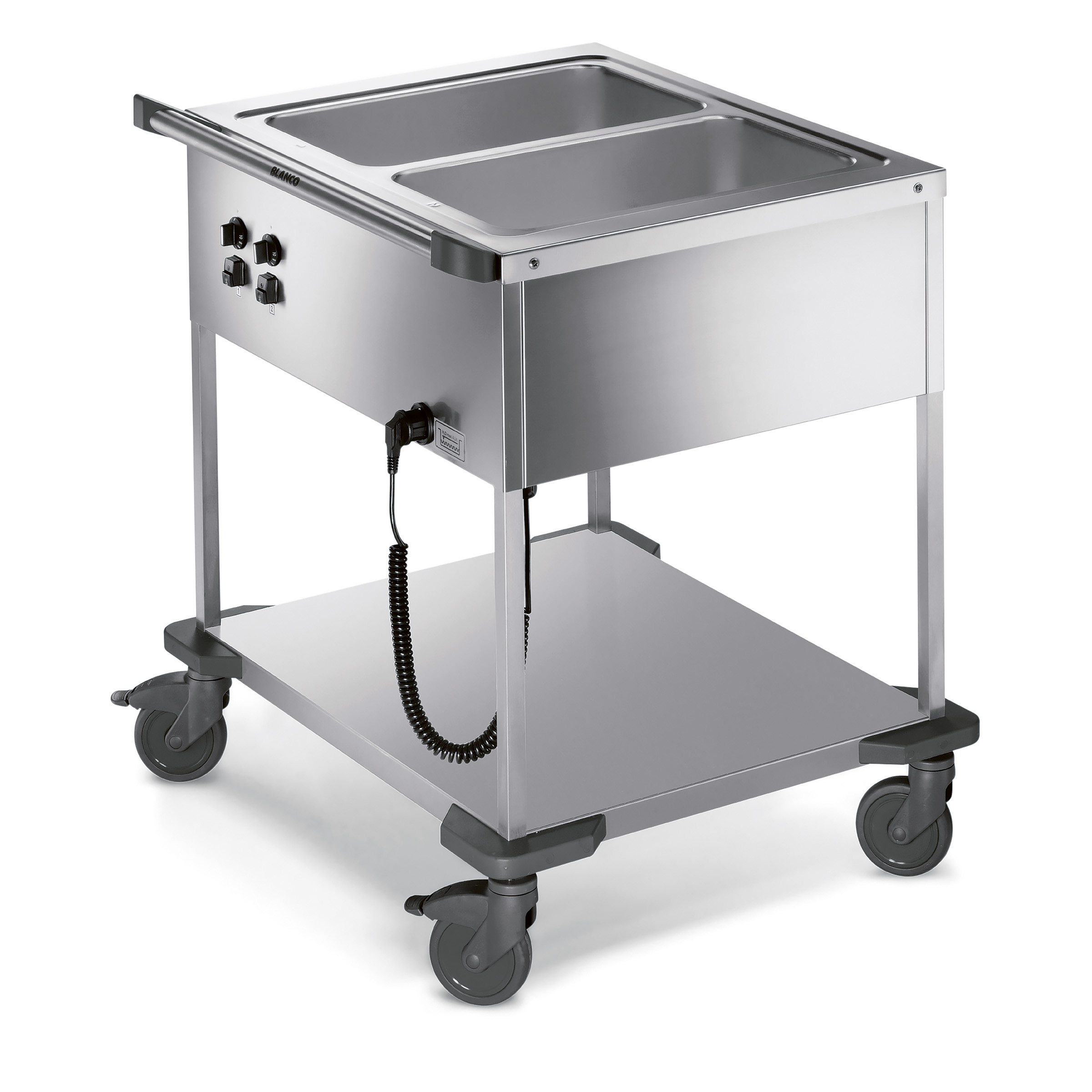 BLANCO Speisenausgabewagen aus rostfreiem Edelstahl, 2 Einzelbecken mit Temperaturregler, nass und trocken beheizbar, speziell für den