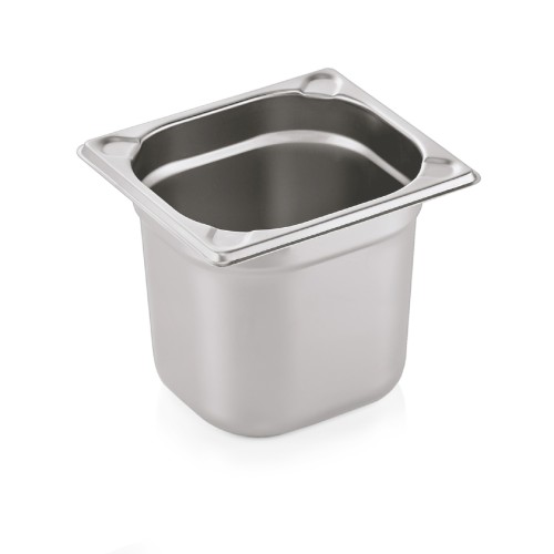 GN 1/6 Behälter, Materialstärke 0,6 mm, Randverstärkung durch geprägte U-Ecken. Material: Chromnickelstahl. Serie: GN 76. Inhalt in Litern: