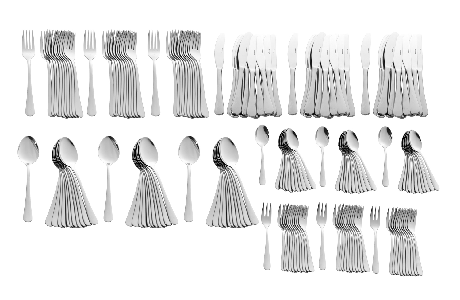 Sparset SYLVIA, Edelstahl 18/0, 180 Besteckteile Enthält  je 36 Menümessern, Menülöffeln, Menüga- beln, Kaffelöffeln, Kuchengabeln, 1 Behälter.