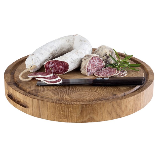 APS Buffetbrett -PROFI-, Ø 33 cm, H: 4,5 cm, Eichenholz, mit Saftrinne, mit 2 seitlichen Eingriffen, mit Antirutsch-Füßchen