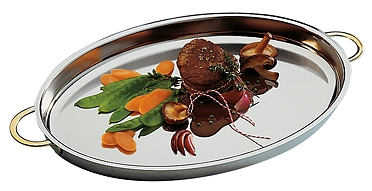 Servier- / Beilagenschale 31 x 21,5 cm, H: 3 cm Edelstahl poliert vergoldete Edelstahl-Griffe 1,2 Liter nicht