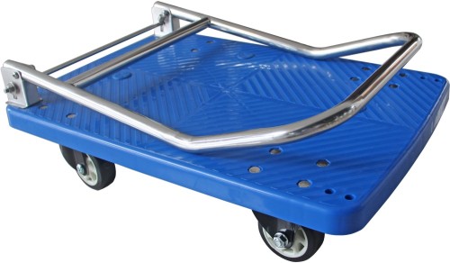 Plattform-Wagen für bis zu 150kg. Mit 2 Lenkrollen und umklappbarem Griff. Maße: 73 x 48 x 82,5 cm (Länge x Breite x Höhe)