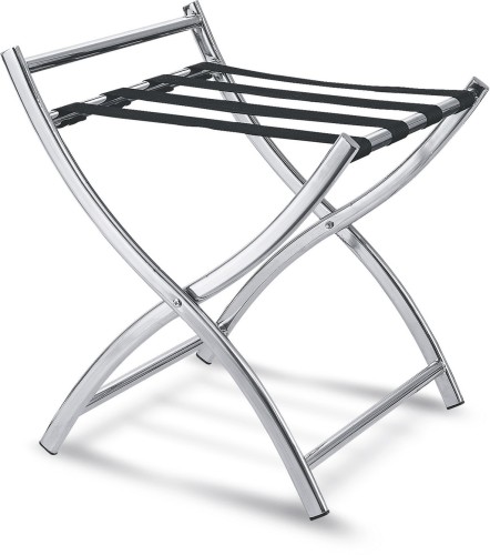 Gepäckablage. Chromnickelstahl. mit Wandschutz und schwarzem Nylonband, zusammenklappbar.