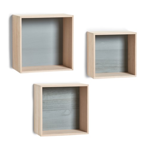 Wand-Regal-Set, Paulowniaholz unbehandelt; Rückseite lackiert, 26x26x13; 30x30x16; 33x33x18 cm. Farbe: grau. Dieses moderne Wand-Regal-Set