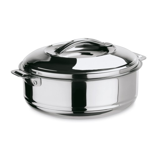 Thermospeisetransportbehälter, mit Lappengriffen, Deckel mit Bajonettverschluss. Material: Chromnickelstahl. Inhalt in Litern: 1,2.