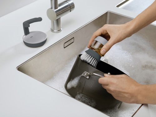 Joseph Joseph Palm Scrub - Abwaschbürste mit integriertem Spülmittelspender, inkl. Ständer - grau