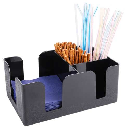 Bar-Caddy aus schwarzem ABS-Kunststoff mit Fächern für Strohhalme, Utensilien, Dosierflaschen, Cocktailservietten 25 x 25 cm 1/4