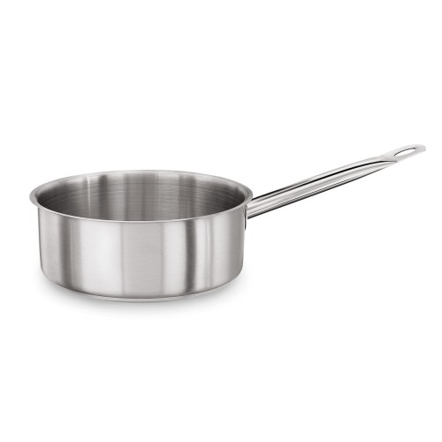 Stielkasserolle, Sandwichboden, Schüttrand, angeschweißte Kaltgriffe, Flache Ausführung. Material: Chromnickelstahl 18/10. Serie: Cookware