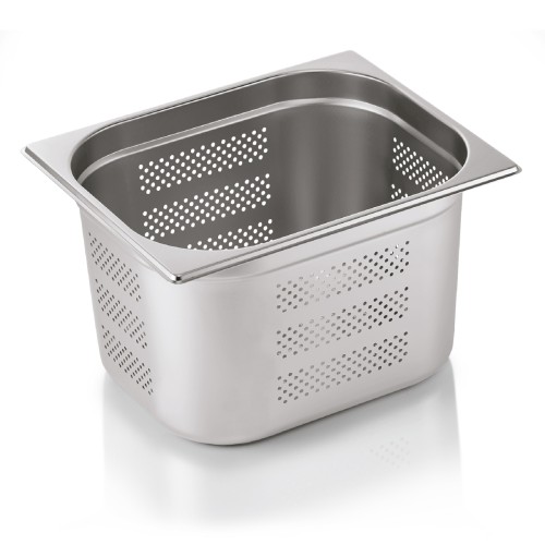 GN 1/2 Behälter, Boden- und Seitenlochung. Materialstärke 0,6 mm. Material: Chromnickelstahl. Serie: GN 71. Inhalt in Litern: