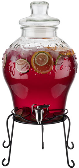 Getränkespender -FRUITS- Ø 25 cm, H: 58 cm, 10,5 Liter Behälter und Deckel aus Glas Dichtung aus Polyethylen Zapfhahn aus