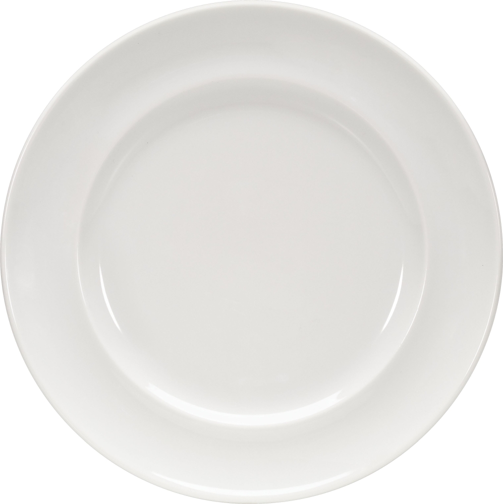 Speiseteller, flach ENJOY, von Bauscher, schmale Fahne. Aus Porzellan in der Farbe weiß. Durchmesser: 250 mm, Höhe: 29 mm, uni