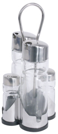 Menage Essig/Öl/Salz/Pfeffer 5-tlg. NEW LINE, Länge: 9,5 cm, Breite: 9,5 cm, Höhe: 22 cm, Gestell Edelstahl 18/0 m schwarzem Kunststoffboden