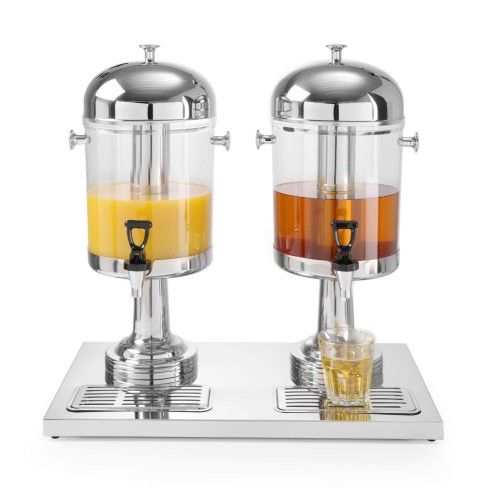 Doppel-Saftspender 2 x 8 Liter mit Eiszylinder zum Abkühlen. Einfach zu reinigen, mit Tropfschale.