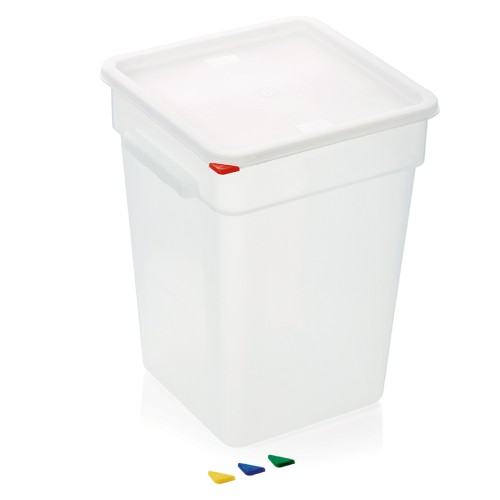 HACCP Vorratsbehälter, mit farbigen HACCP Clips, mit Skalierung und Griffen. Material: Polyethylen, Polypropylen. Inhalt in Litern: 22.