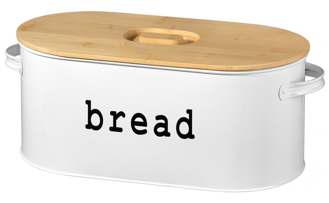 Brotkasten CARVIN aus Metall mit Deckel aus Bambusholz. Ovale Form, Maße 43,5x20,5x15,5cm. Pulverbeschichtet in der Farbe Weiß.