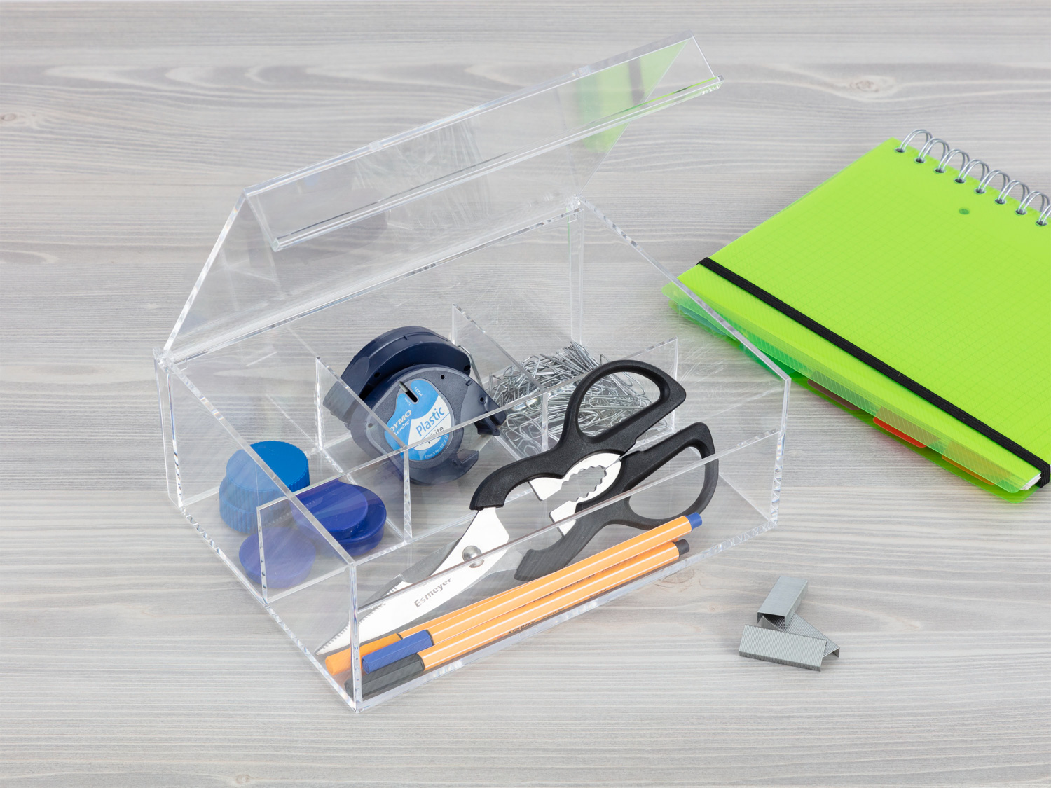 Teebox/Multibox DARJEELING, Maße: 220x170mm, Höhe 8,5cm, Acryl, 3 Fächer für kuvertierte Tee- beutel, sowie Platz für Zuckersticks/Einzelgebäck.