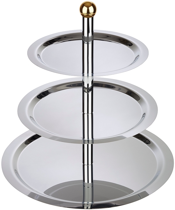 Etagère, 3-stufig -FINESSE- Ø 48/38/32 cm, H: 50 cm 18/0 Edelstahl Rohre hochglanzverchromt vergoldeter Messing-Kugelgriff