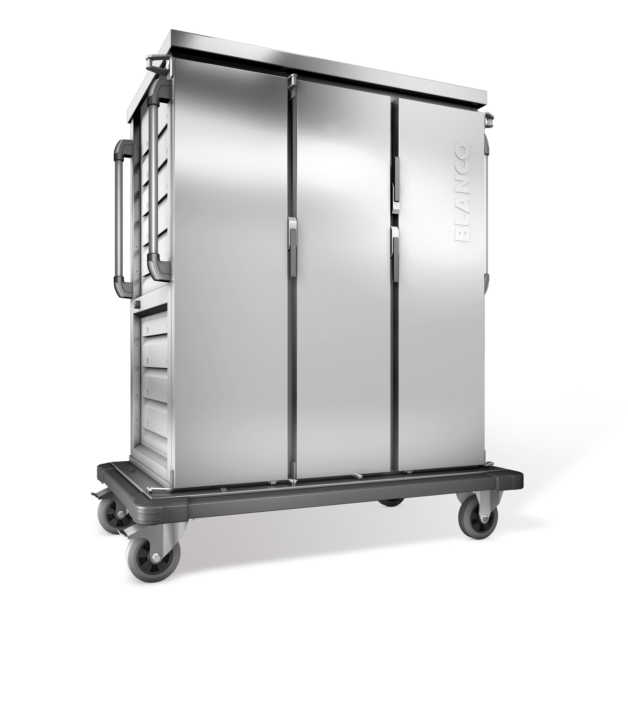 BLANCO Tablett-Transportwagen, einwandig, 3 Flügeltüren / 3 Schrankräume, 4 stahlverzinkte Rollen Ø 160 mm, 2 Bockrollen und 2 Lenkrollen mit