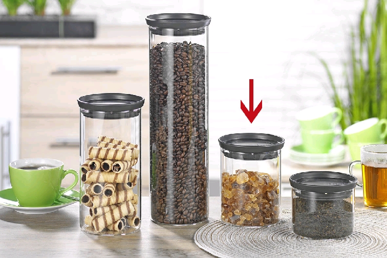 Brabantia stapelbarer Glasbehälter TOKIO, Inhalt: 0,6 Liter, Farbe Deckel: dunkelgrau, Höhe 13 cm, Durchmesser 10,5 cm.