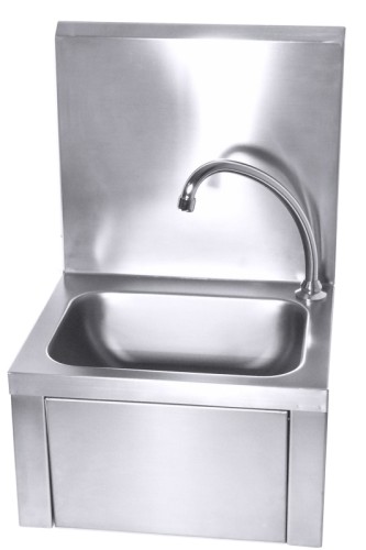 Handwaschbecken aus Edelstahl 18/10, zur Wandmontage, die Armatur wird durch Kniehebelmechanismus bedient Länge: 40 cm,