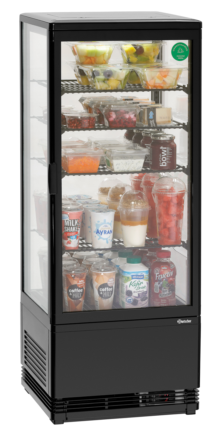 Bartscher Mini-Kühlvitrine 98L-SW | Art derVerglasung: Doppel-Verglasung | Maße: 43,5 x 38,5x 110,5 cm. Gewicht: 37,5 kg