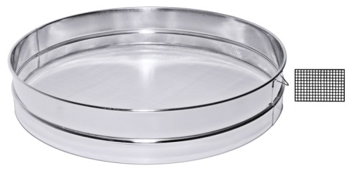 Mehlsieb ganz aus Edelstahl, hochglänzend, mit feingewebtem Drahtgeflecht, ohne Bodenabstand, mittelschwere Qualität