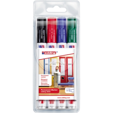 edding Permanentmarker 3000 1,5-3mm rot, blau, grün, schwarz Rundspitze nachfüllbar 4 St./Pack.