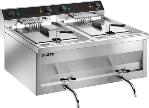 SARO Fritteuse Tischmodell GASTROLINE 9+9V Made in Europe - Material: Edelstahl - Abgerundetes Becken mit Kältezone - Mit Ablasshahn