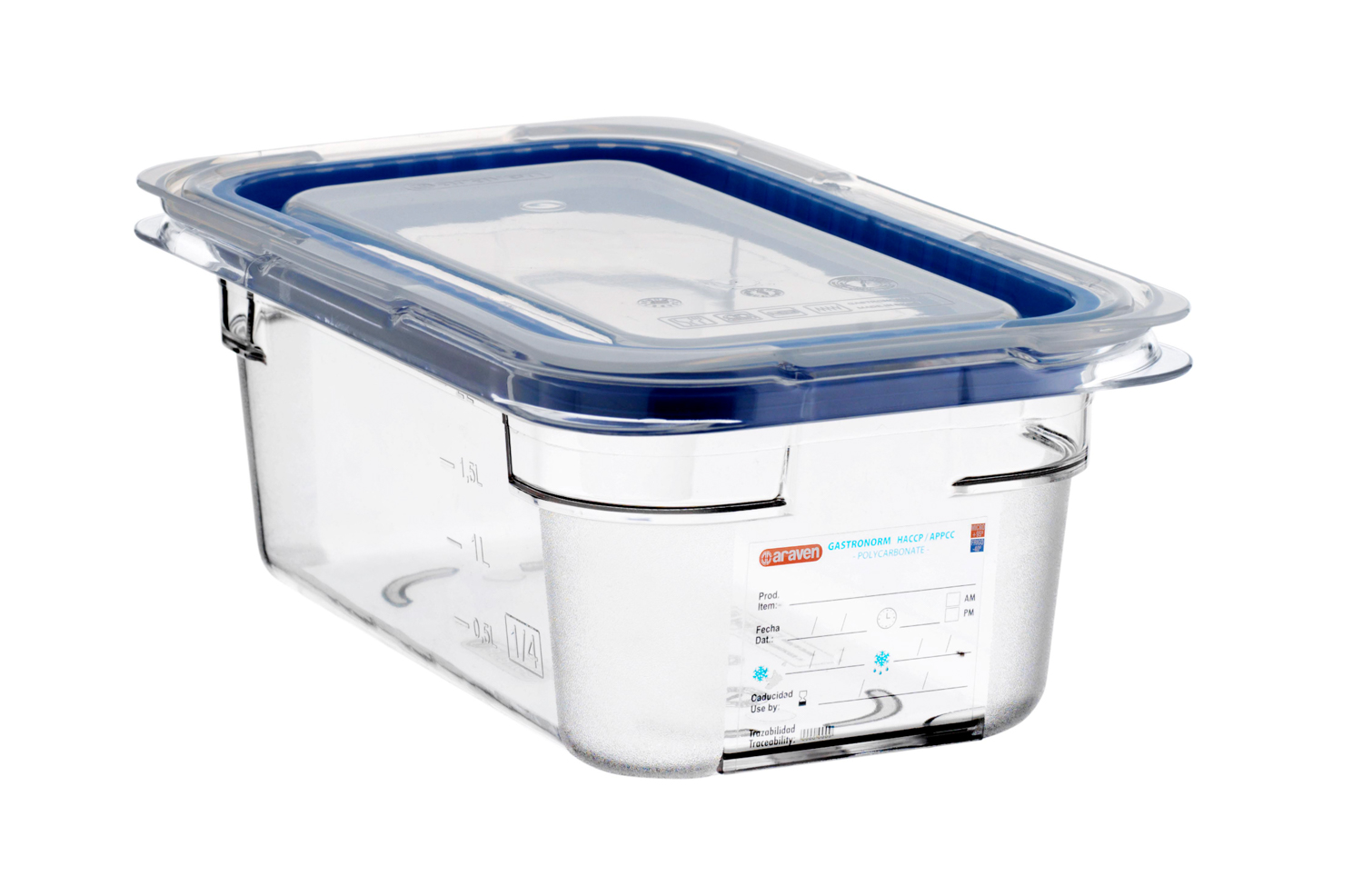 ARAVEN luftdichter Polycarbonat Behälter GN 1/4 100mm Höhe und 2,2 Liter Fassungsvermögen mit Deckel, durchsichtig