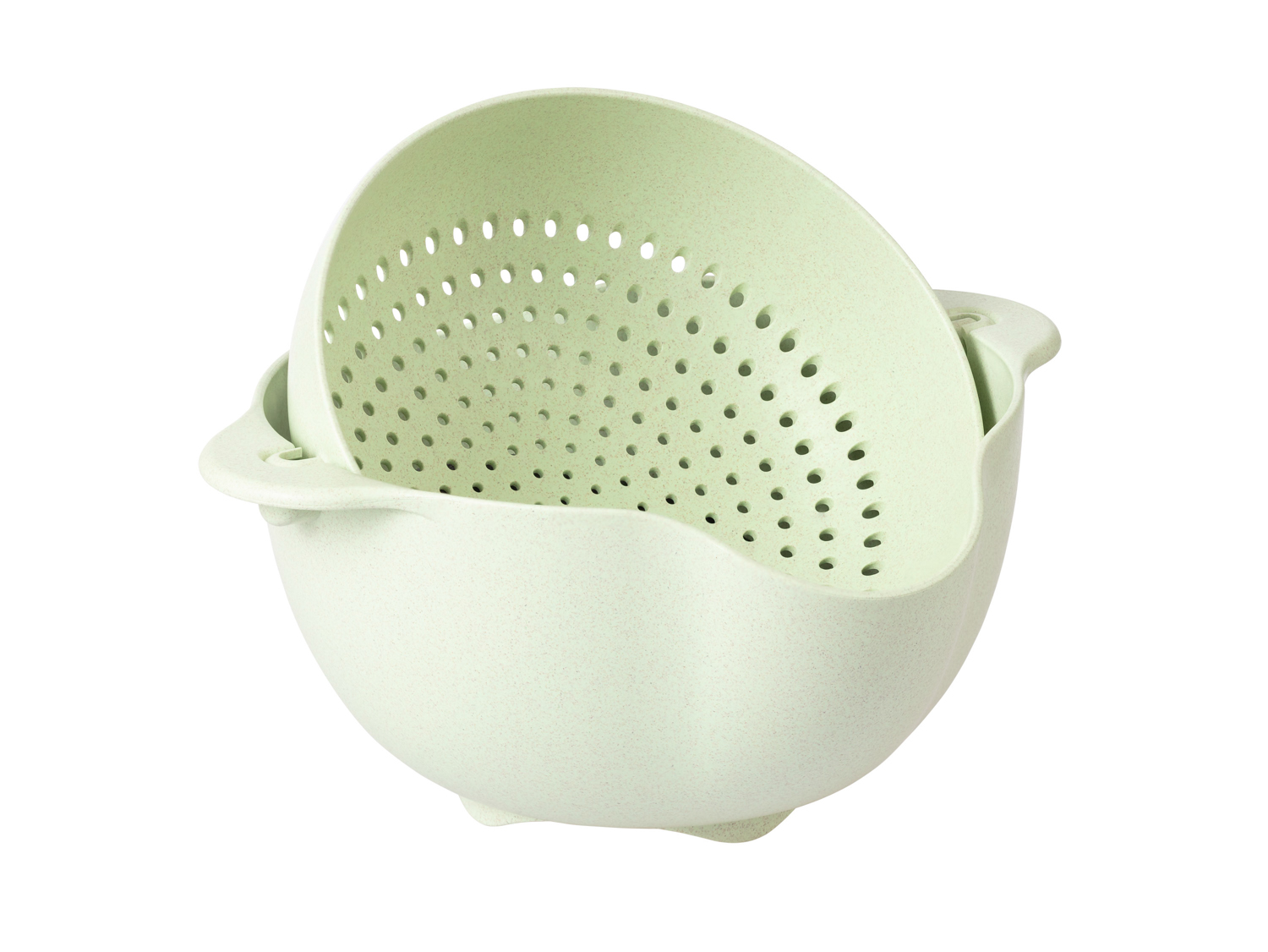 2-in-1 Abtropfsieb und Schüssel DROP, schwingend, aus Kunststoff-/Weizenfasergemisch. Farbe: natur Maße: Durchmesser 29 cm, Höhe 13 cm.