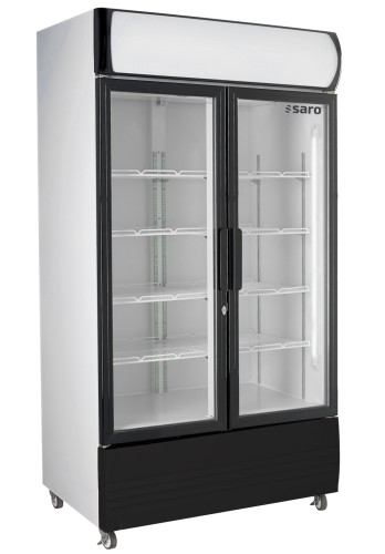 SARO Kühlschrank mit 2 Glastüren und Werbetafel, Modell GTK 580 - Material: (Gehäuse) Stahl einbrennlackiert, weiß; (Innenraum) Aluminium