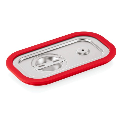 GN 1/4 Transportdeckel, mit umlaufender Silikondichtung und Loch gegen Unterdruck. Material: Chromnickelstahl, Silikon. Serie: GN 70.