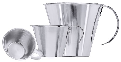 Messbecher aus Edelstahl 18/10, seidenglänzend poliert, innen graduiert, mit offenem Griff, (/010  /025 fugenloser Griff)