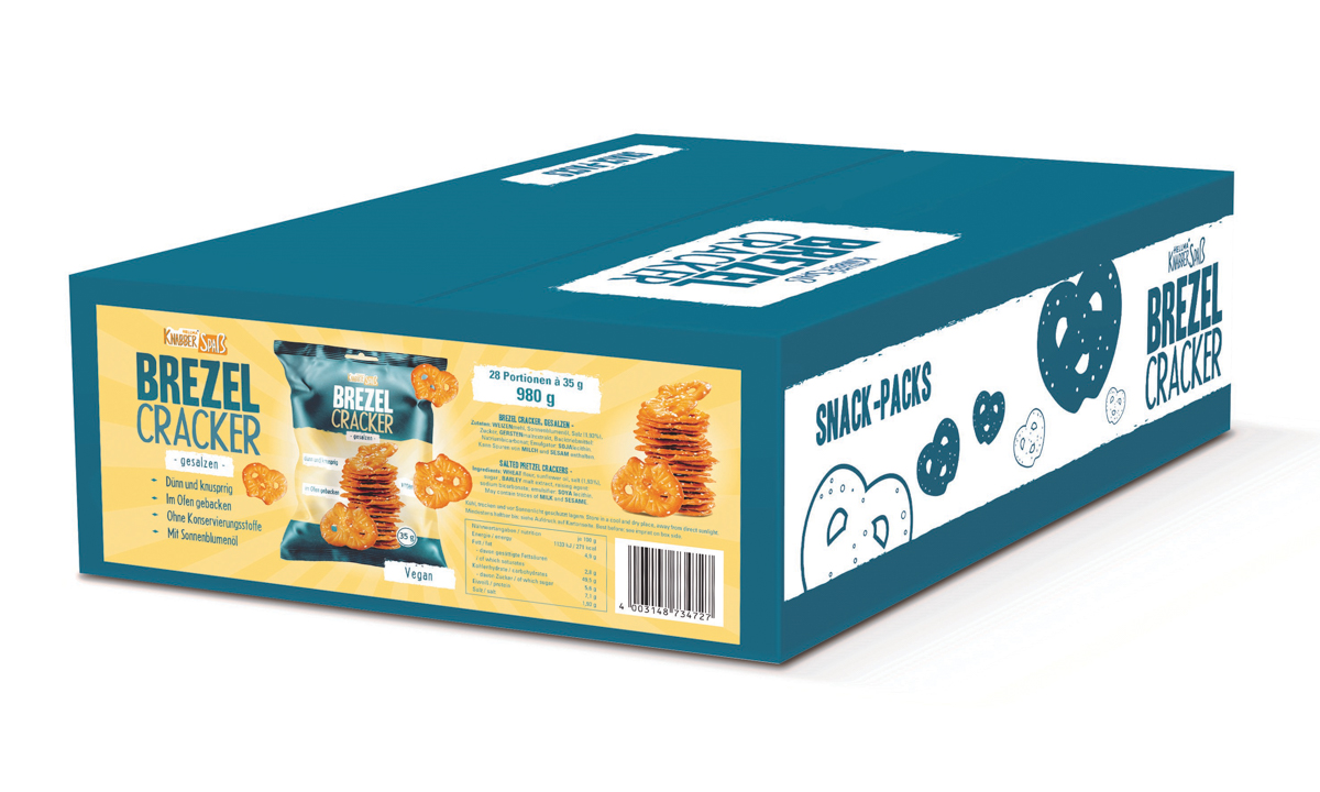 HELLMA Brezel Cracker, gebackene Cracker in Brezelform, Inhalt: 28 Tütchen á 35g. Vegan