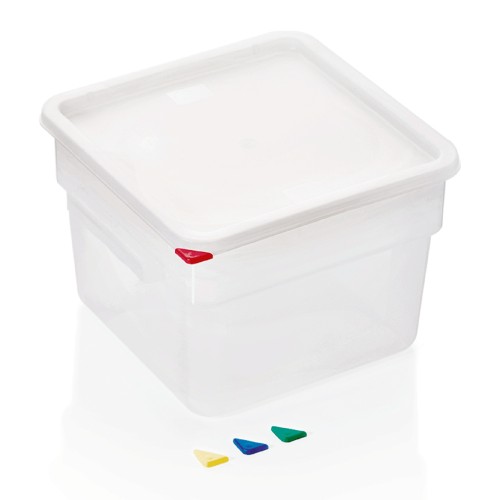 HACCP Vorratsbehälter, mit farbigen HACCP Clips, mit Skalierung und Griffen. Material: Polyethylen, Polypropylen. Inhalt in Litern: 12.