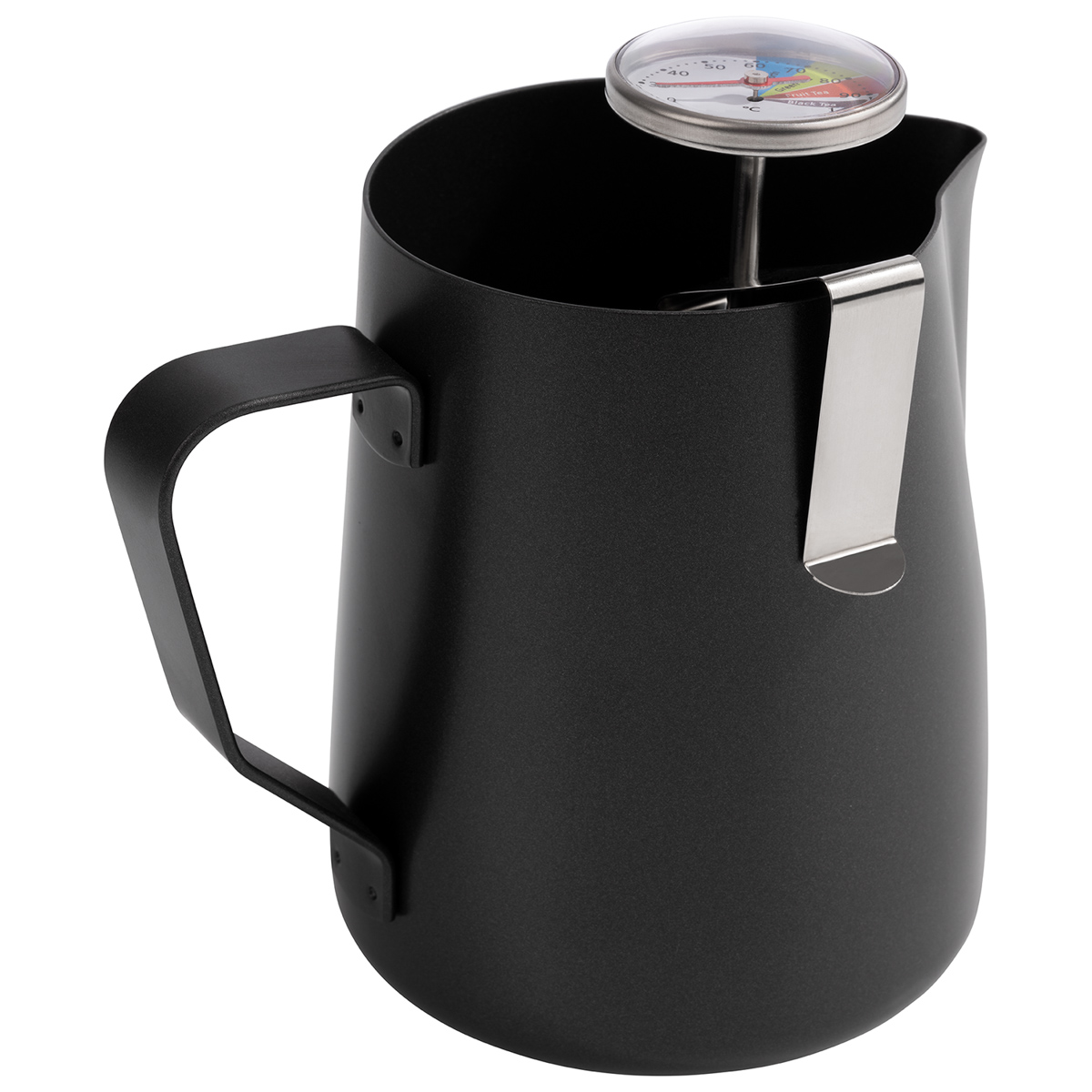 Thermometer für Milchkännchen, Ø 4 cm, L: 13,5 cm, 18/8 Edelstahl, Glas, mit Clip, höhenverstellbar, Temperaturbereich, 20°C bis