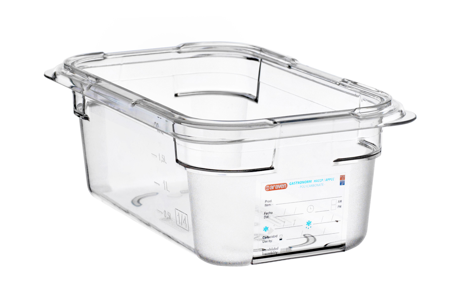 ARAVEN Behälter aus Polycarbonat GN 1/4 100mm Höhe und 2,6 Liter Fassungsvermögen, durchsichtig