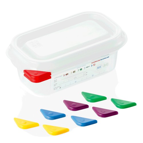 GN 1/9 Behälter, BPA frei, Deckel hermetisch schließend, Inklusive 5 Markierungs-Clips in den Farben: rot, blau, gelb, grün, lila, Behälter sind