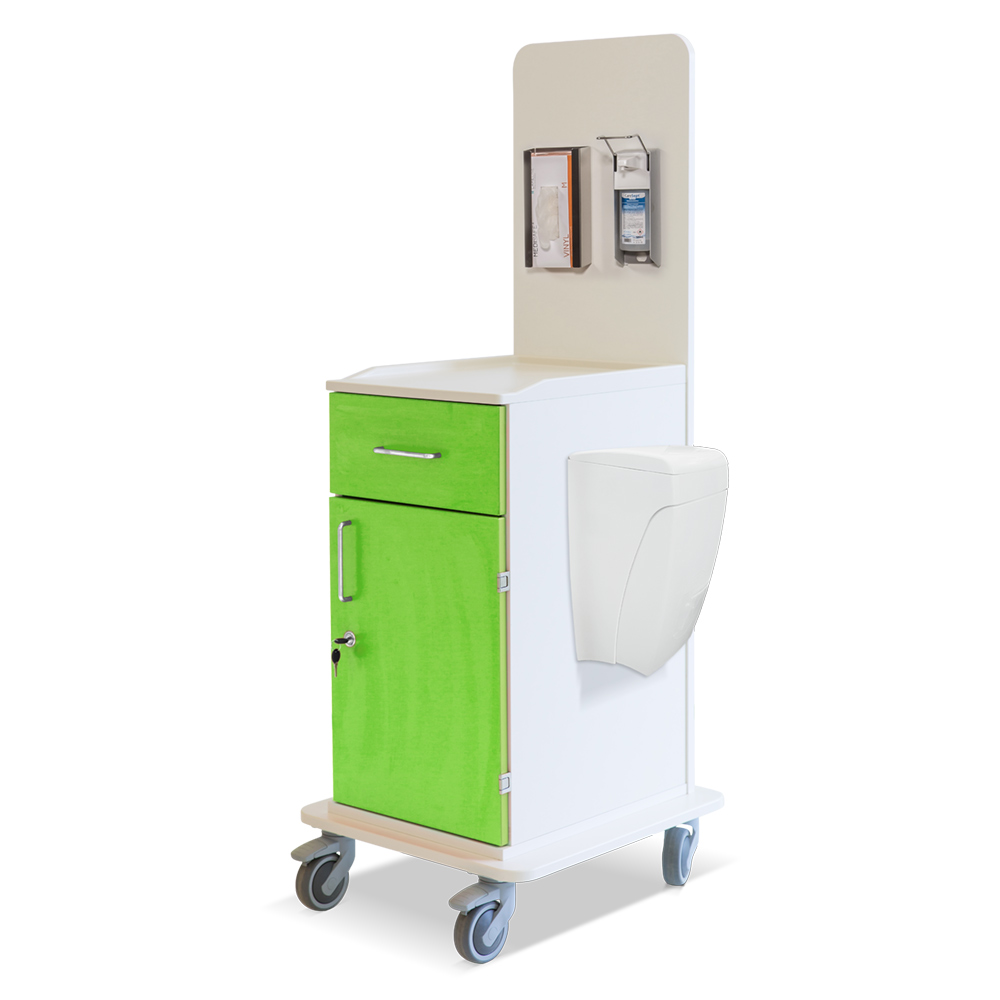 ETHERNASOLID® MULTICART Arbeitswagen T15 mit Mülleimer, Handschuhbox-Halterung und Desinfektionsspender für 500-ml-Euroflaschen,