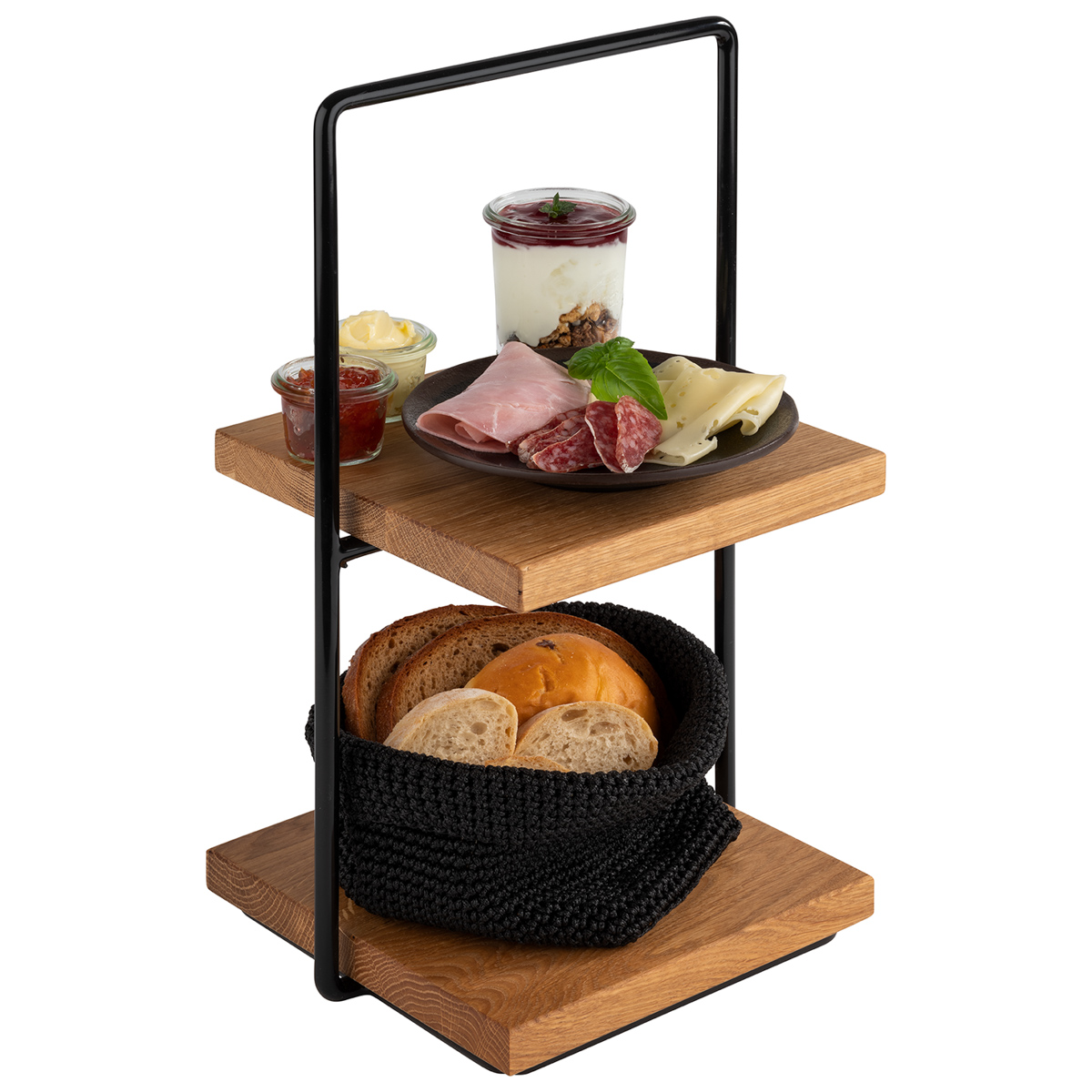 2-stufige Etagère, 23 x 20 cm, H: 40,5 cm, Bestehend aus: 1 Buffetständer, schwarz, 2 Bretter, 20 x 20 cm, Eichenholz, -PERFECTO SMALL-