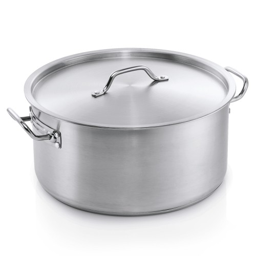 Bratentopf mit Deckel, mit Kapselboden und angenieteten Kaltgriffen. Material: Chromstahl 18/0. Inhalt in Litern: 35. Durchmesser: 45 cm.