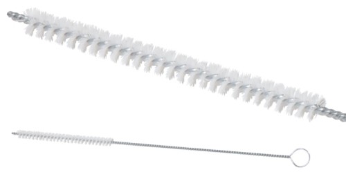 Ausgießerbürste verzinkter Stahldraht, mit Besatz aus weißem Nylon, mit Öse,  geeignet zur Reinigung von Flaschenausgießern und