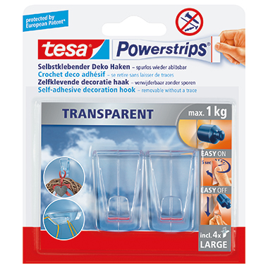 tesa Haken Powerstrips transparent XL rechteckig 1kg mehrfach verwendbar UV-beständig transparent 2 St./Pack.