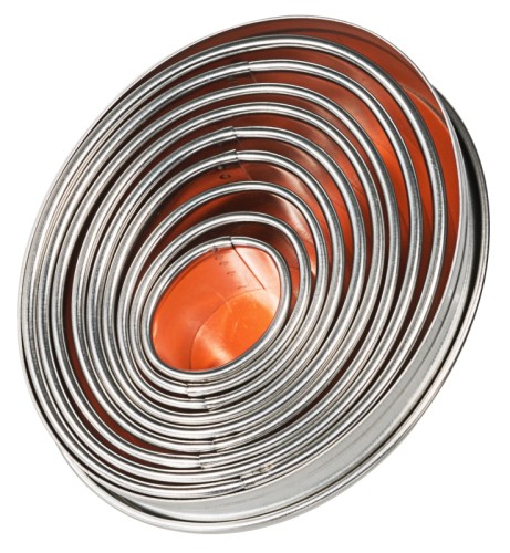 Ausstechformen, oval glatte Form, aus Weißblech, neun Stück komplett in der Dose Größe: 25 mmx20 mm - 85 mmx72 mm, Höhe: 30 mm